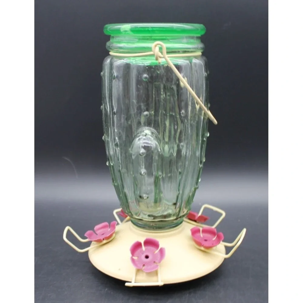 Perky-Pet Cactus Glass Hummingbird Feeder Top Fill Green Jar Pink Flower Ports